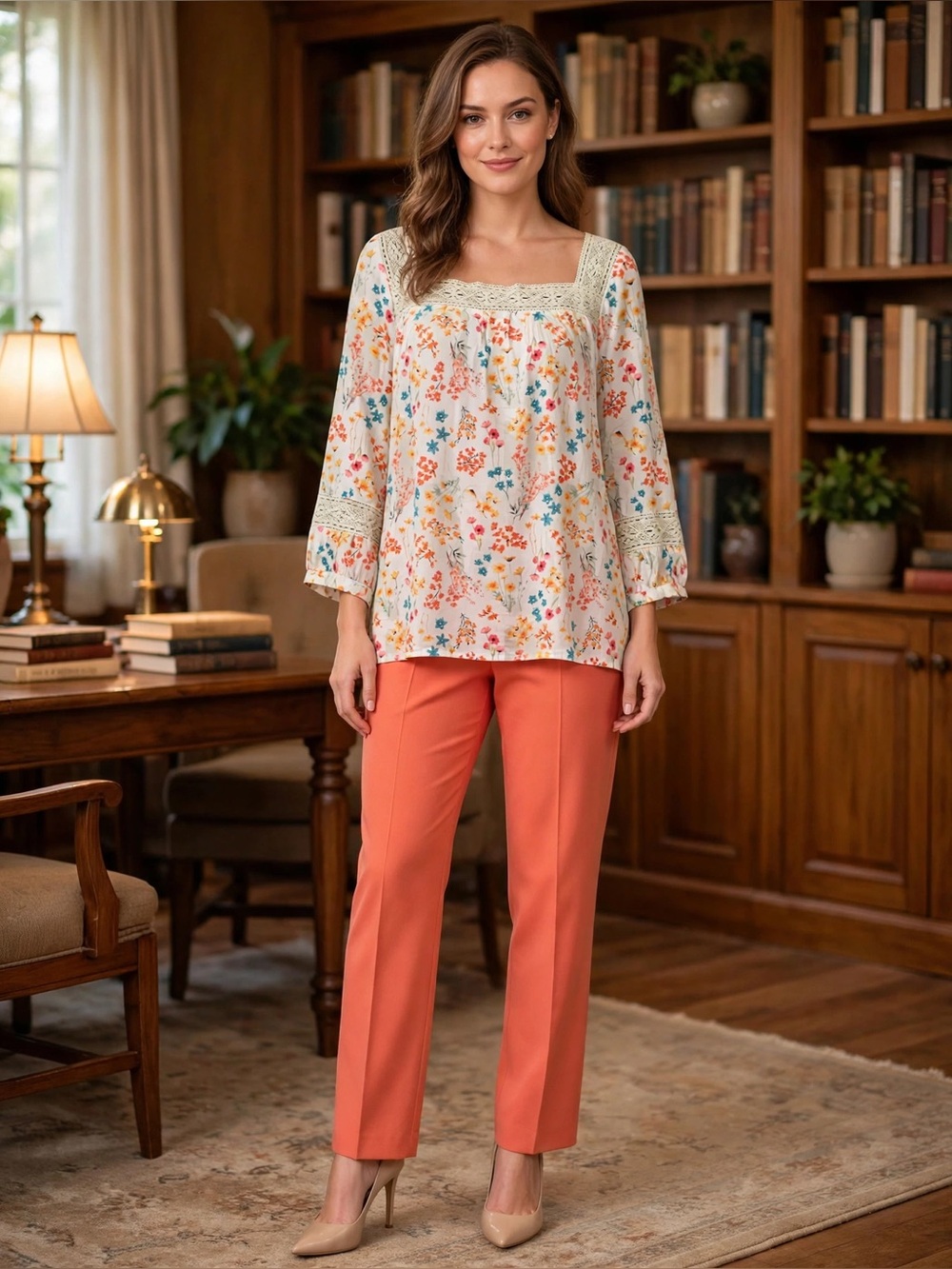 Cato White Floral Crochet-Trim Square Neck Tunic